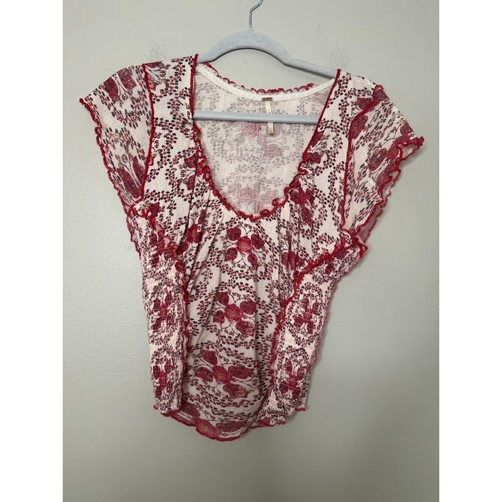 Free People Oh‎ My Baby Tee Cropped Top Mesh Ruched Floral Boho Festival Large